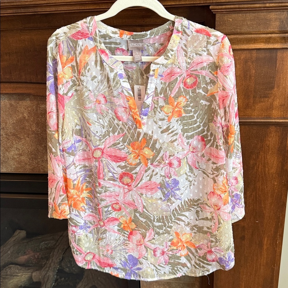 Chico's semi sheer leaf floral 3/4 sleeve blouse NWT M fairy peasant cottagecore
